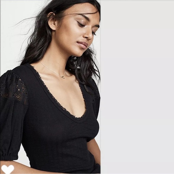 Free People St. James Black Crochet Lace Tee Top - Picture 3 of 13